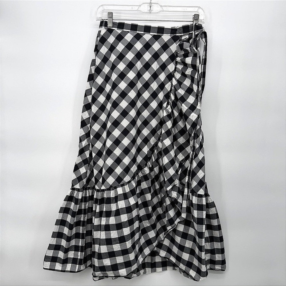 J Crew Skirt Gingham Checkered Ruffled Front Wrap Midi Preppy Picnic Size SM**